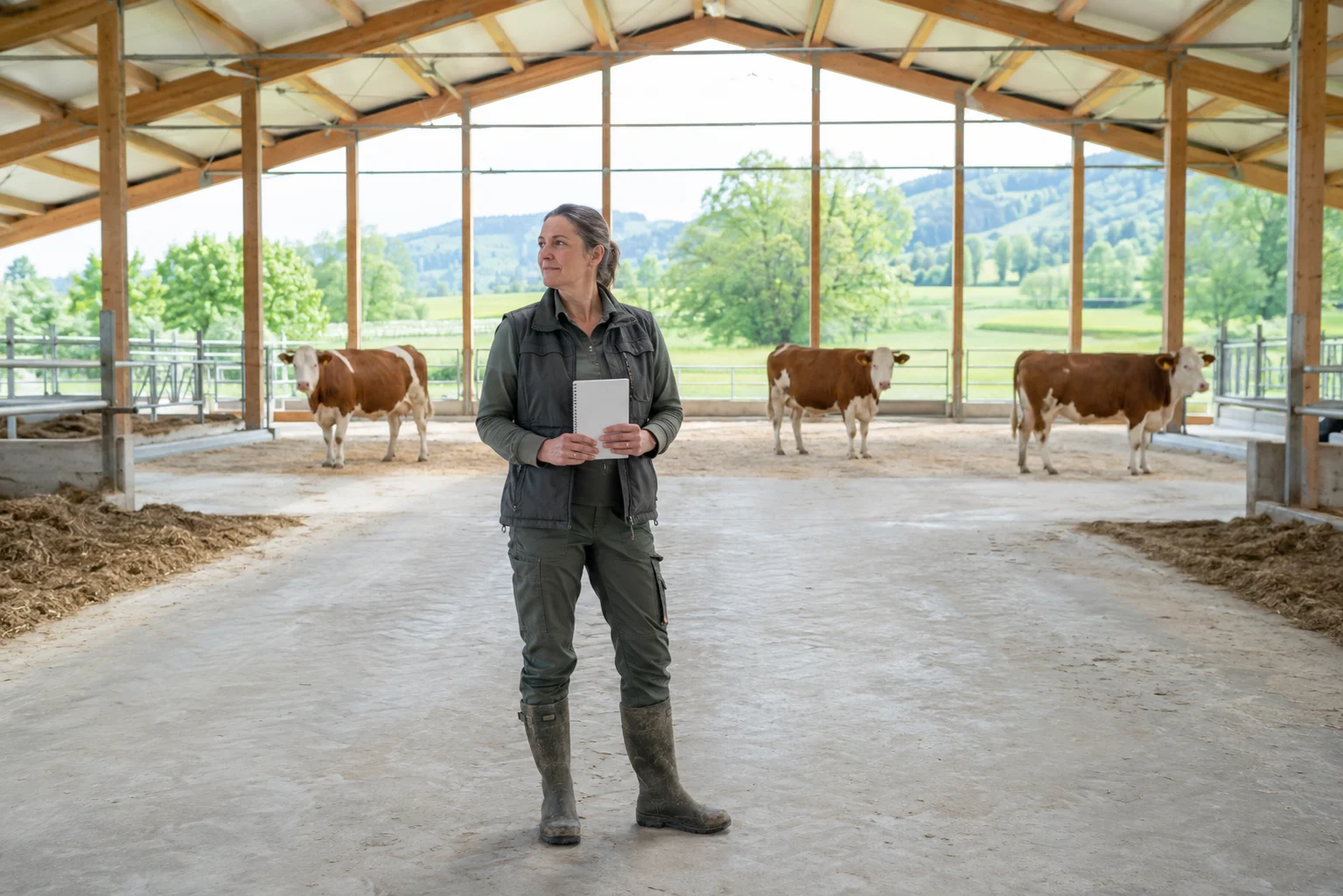 Landwirtschaftsmeisterin in einem hellen bayerischen Milchviehstall