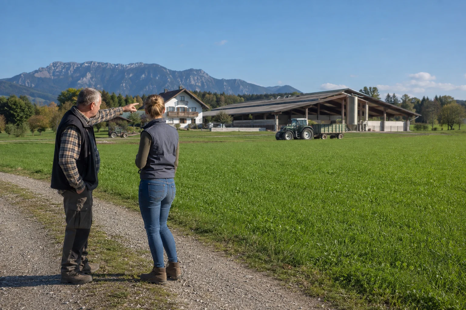 Landwirtschaftliche Fachleute besichtigen Grünland und einen bayerischen Betrieb